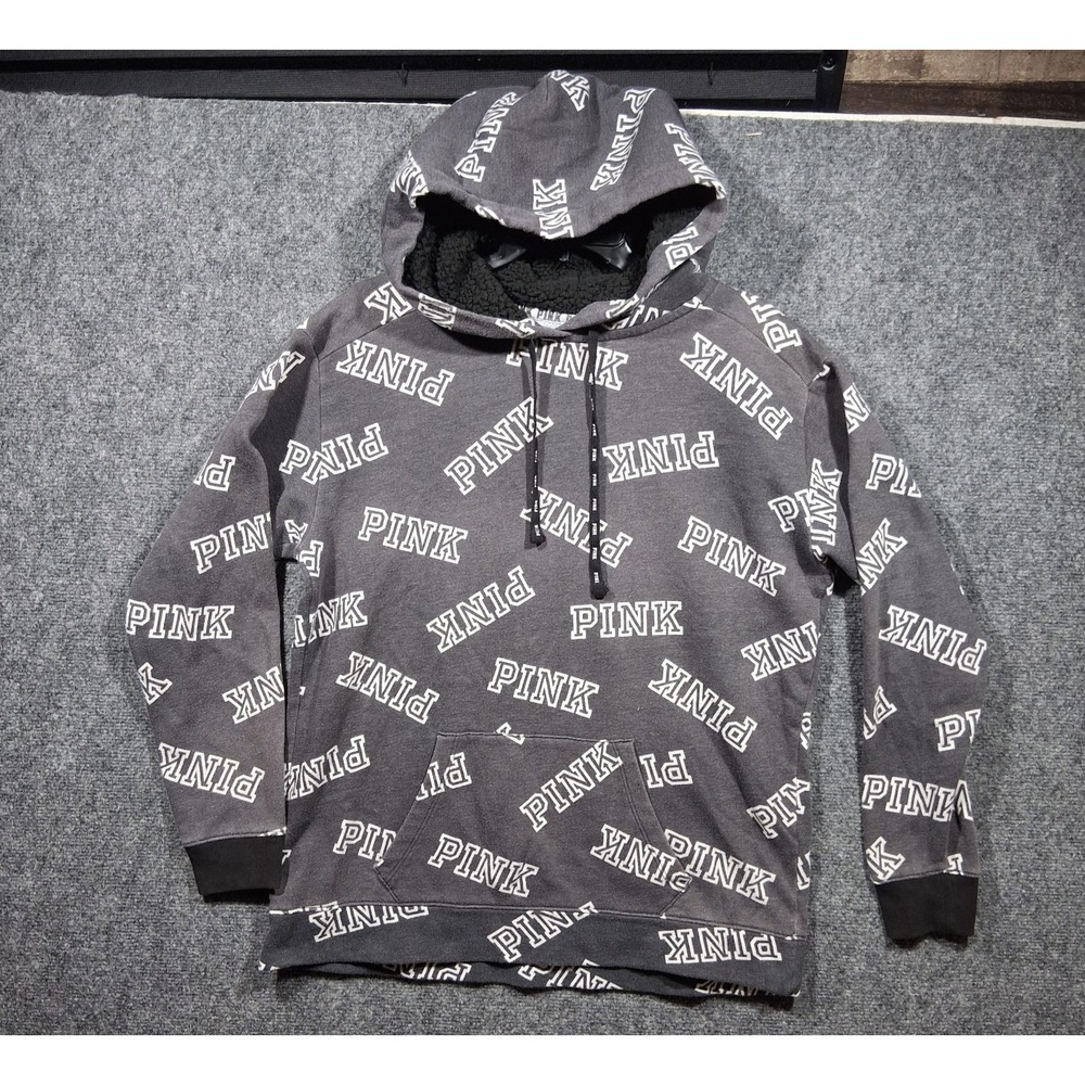 PINK Victoria's Secret Womens Small Charcoal Grey Logo Sherpa Lined Hoodie‎